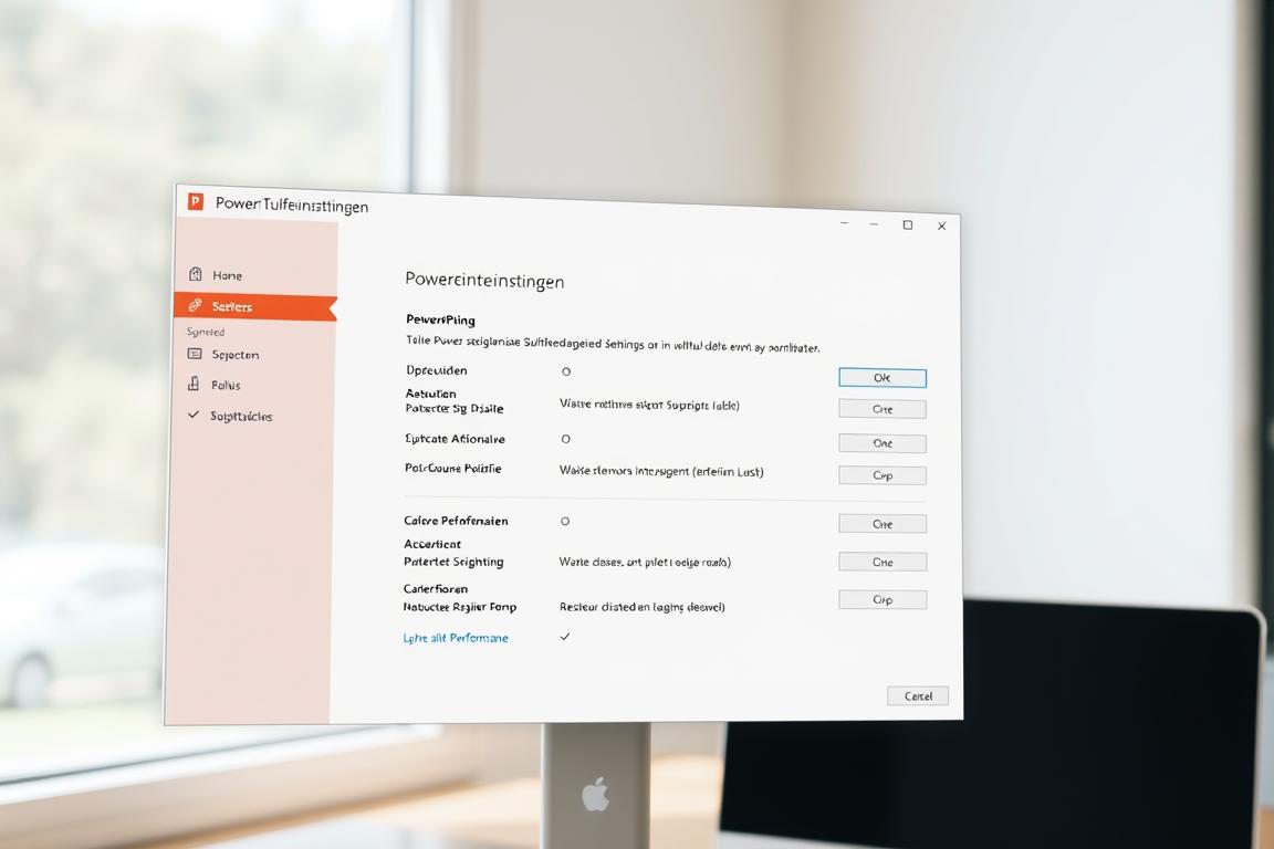 A high-quality, detailed image of the "PowerPoint Leistungseinstellungen" window on a modern computer desktop. The window is positioned prominently in the foreground, with a clean, minimalist user interface displaying various performance-related settings and options. The background is a soft, blurred environment, allowing the window to be the focal point. The lighting is natural and diffuse, creating subtle shadows and highlights that accentuate the depth and three-dimensionality of the scene. The camera angle is slightly elevated, providing a clear, unobstructed view of the window's contents. The overall mood is one of focus, optimization, and attention to detail, reflecting the subject matter of the article.