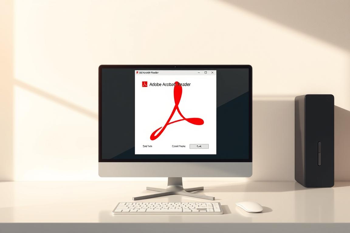 A high-quality digital illustration of an Adobe Acrobat Reader software window on a clean, minimalist desktop background. The Acrobat Reader window prominently displays the "Update and Repair" functionality, with a sleek and modern user interface. The scene is bathed in warm, natural lighting, creating a sense of professionalism and reliability. The overall mood conveys a solution-oriented approach to resolving software-related issues. The composition emphasizes the software's key features in a visually appealing and informative manner.