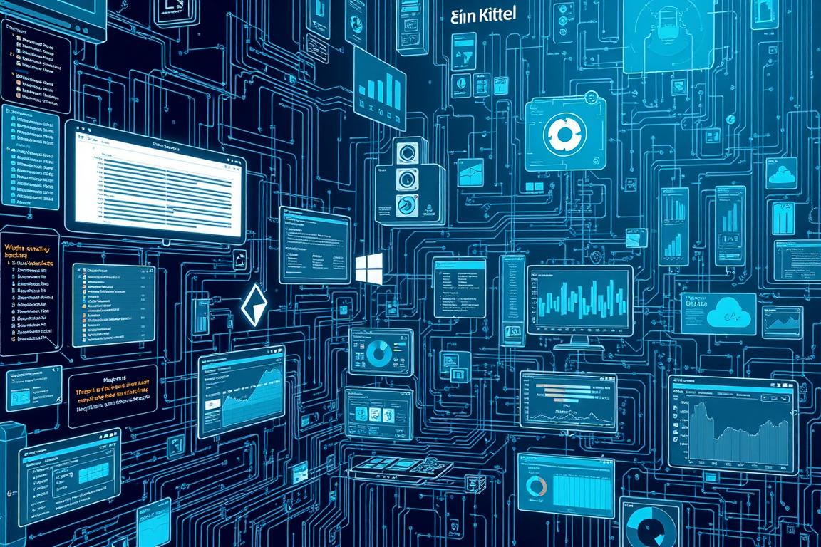 A high-resolution detailed illustration of a Windows 11 operating system's background processes, with a complex and technical visual style. The image should depict a complex network of interconnected processes, system services, and resource utilization visualizations, showcasing the inner workings of the Windows 11 operating system. The scene should have a cool, technical color palette, with a mix of blues, grays, and blacks, conveying a sense of complexity and technical depth. The composition should be balanced and organized, with clear delineation between foreground, middle-ground, and background elements. The lighting should be soft and directional, highlighting the intricate details and structures within the processes. The overall atmosphere should be one of analytical insight and technical mastery, capturing the essence of the "Hintergrundprozesse Analyse" concept.