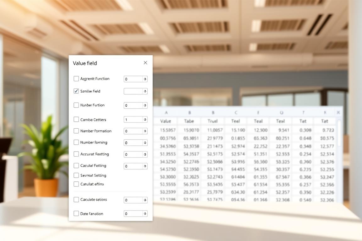 A high-resolution, detailed illustration of a pivot table's value field settings panel, shown in a clean, modern interface. The foreground features the various configuration options, such as aggregation functions, number formatting, and calculation settings, arranged in a clear, intuitive layout. The middle ground showcases the pivot table itself, displaying accurate data values and highlighting the importance of properly configuring the value fields. The background depicts a softly blurred office environment, conveying a sense of professionalism and practicality. The overall scene is lit by natural, warm lighting, creating a calm and focused atmosphere to emphasize the significance of properly managing pivot table value settings.