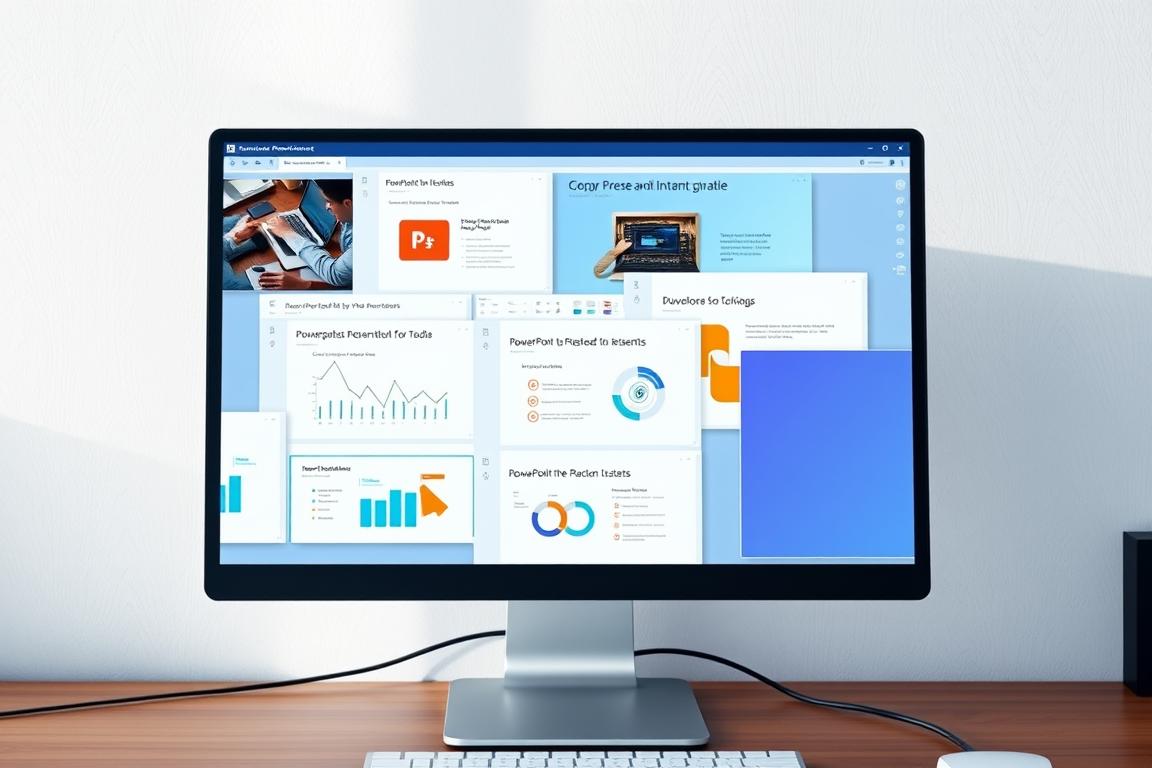A high-resolution, photorealistic image of PowerPoint presentation files downloaded from the internet, displayed on a desktop computer screen. The files have various titles and layouts, some with charts, graphs, and bullet points. The screen is positioned in the foreground, with a clean, minimal desktop background visible. Soft, directional lighting casts subtle shadows, creating depth and a sense of realism. The composition is balanced and visually appealing, capturing the essence of the subject matter in a clear and compelling way.