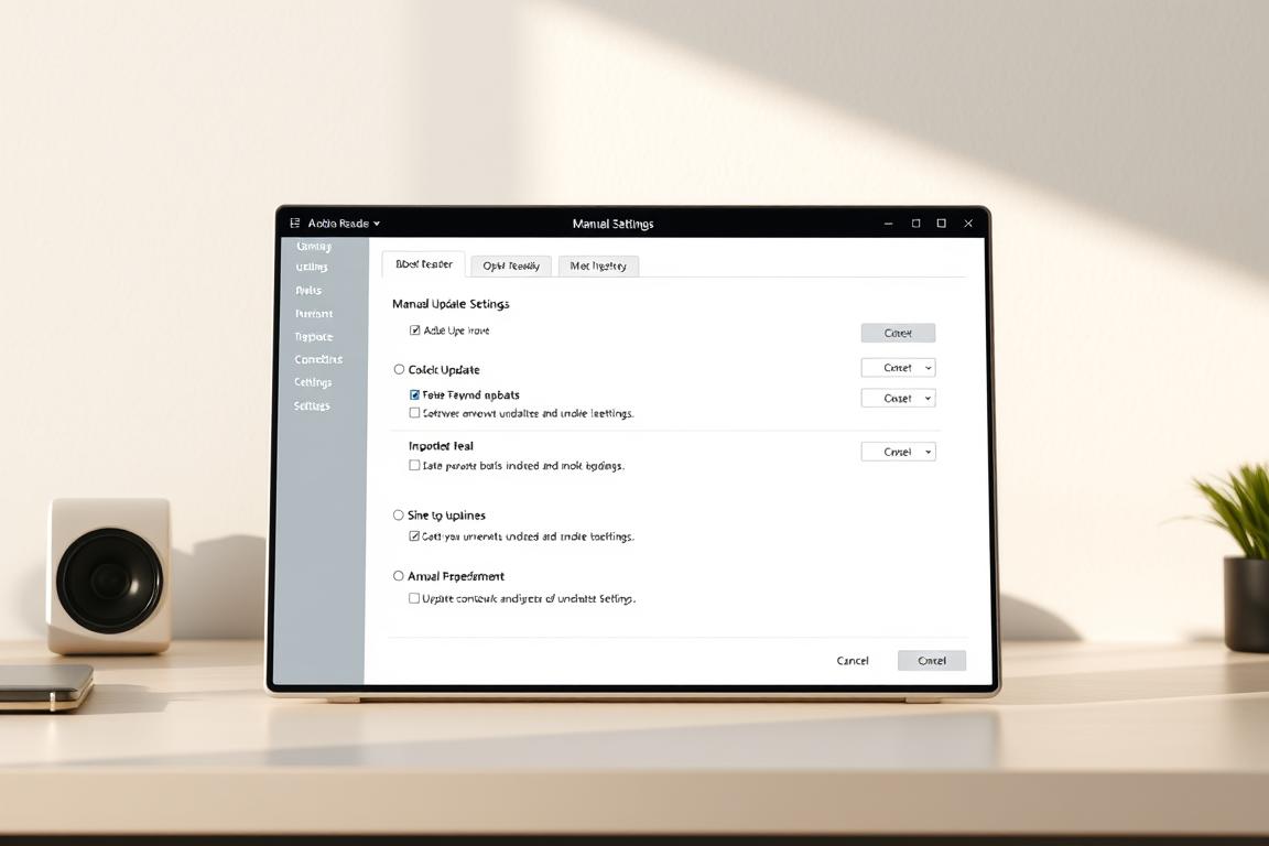 A highly detailed, photorealistic image of the "Manual Update Settings" interface in Adobe Reader, captured in a frontal view with a shallow depth of field. The window is displayed on a clean, neutral desk surface, illuminated by soft, natural lighting from the side. The user interface elements are crisp and legible, with the various settings options and controls clearly visible. The overall mood is calm and focused, reflecting the task of configuring update preferences in a professional software application.