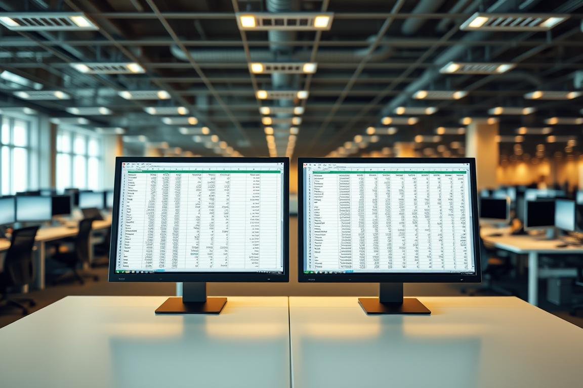 A large, open office space with rows of desks and computer screens. In the foreground, two open Excel spreadsheets are displayed side-by-side, their columns and rows slightly misaligned, highlighting the visual differences. The spreadsheets are the focal point, bathed in a warm, focused light that draws the eye. The background is slightly blurred, conveying a sense of professionalism and attention to detail. The overall scene evokes a thoughtful, analytical mood, reflecting the challenge of comparing spreadsheets with varying row counts.