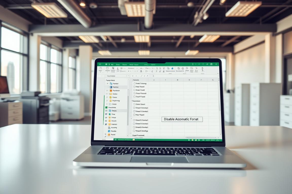 A large open office workspace with a desk in the foreground showcasing a laptop displaying an open Microsoft Excel spreadsheet. The spreadsheet's formatting options are visible, with the "Disable Automatic Formatting" or similar options highlighted. The lighting is bright and clean, with a warm, professional atmosphere. The background features other office equipment, such as a printer, filing cabinets, and a large window overlooking a cityscape. The composition emphasizes the Excel spreadsheet as the focal point, conveying the idea of disabling automatic formatting in Excel.
