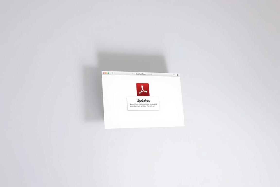 A macOS desktop with a centered Adobe Reader software window, showcasing an update notification. The window has a modern, clean design with a subtle drop shadow. The background is a simple, light-colored gradient, creating a calm and professional atmosphere. Soft, diffused lighting illuminates the scene, highlighting the details of the software interface. The angle is slightly elevated, providing a clear and unobstructed view of the update prompt. The overall composition conveys a sense of user-friendly technology and seamless software integration on the macOS platform.
