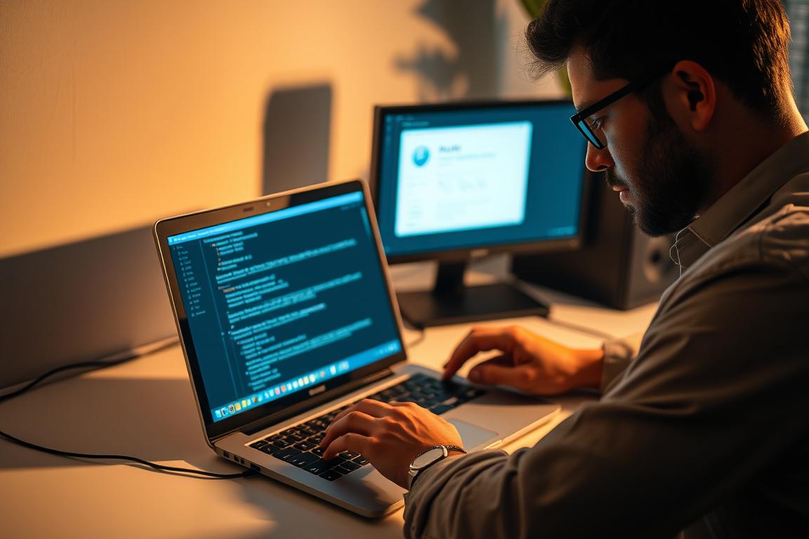 A modern and professional-looking computer workstation with a focused user solving a network drive issue. The scene features a clean and minimalist desk setup with a laptop, keyboard, and mouse. The laptop screen displays a technical troubleshooting interface, and the user is intently examining the problem, their expression conveying deep concentration. The lighting is warm and directional, casting subtle shadows and highlights that emphasize the task at hand. The background is blurred, maintaining the emphasis on the central action. Overall, the image should communicate a sense of competence, problem-solving, and the practical resolution of a common IT challenge.