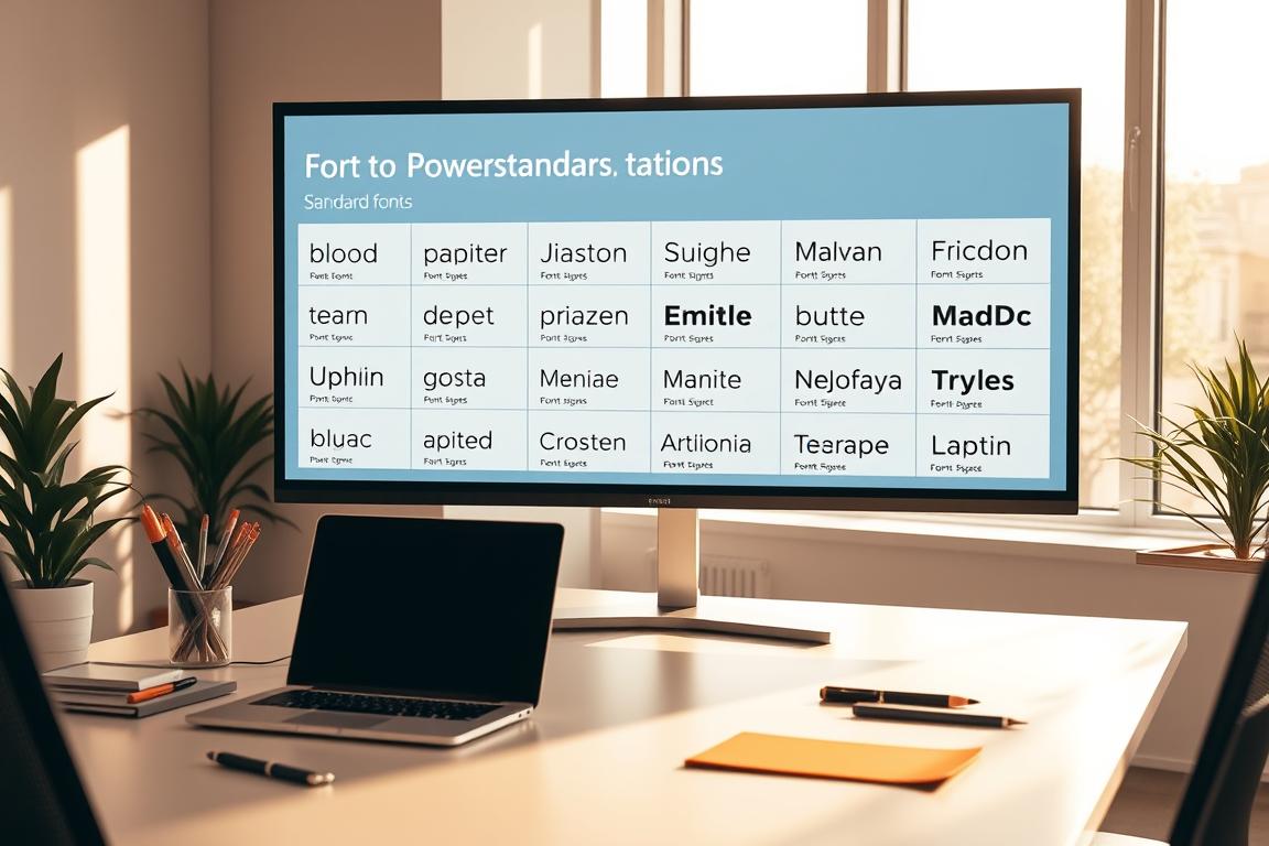 A modern, minimalist office setup with a laptop, stationery, and a large screen displaying various standard font options for PowerPoint presentations. The scene is bathed in warm, natural lighting filtering through floor-to-ceiling windows, creating a bright and productive atmosphere. The font options are displayed in a clean, organized grid layout, allowing the viewer to easily compare and select the most suitable typeface. The overall composition conveys a sense of professionalism, efficiency, and attention to detail, reflecting the content of the article's section on using standard fonts for consistent formatting.