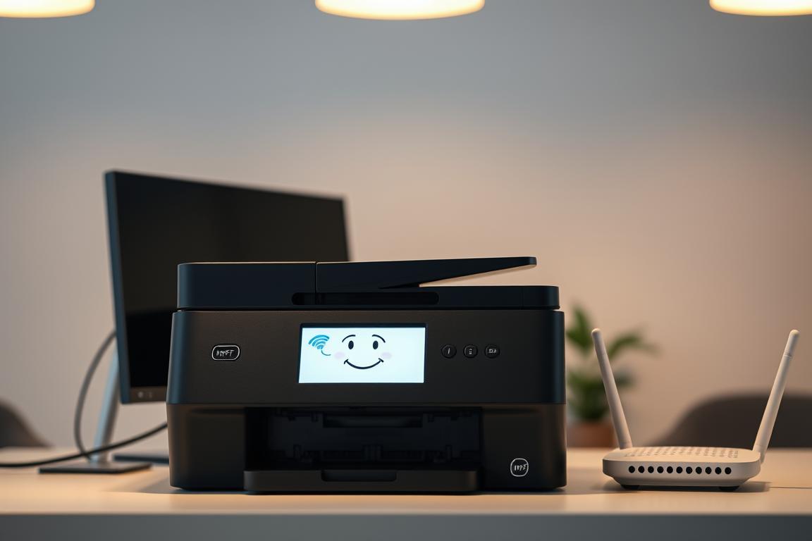 A modern office workspace with a desktop computer, printer, and wireless router. The printer is the focal point, with a perplexed expression on its digital display, indicating connection issues. The scene is lit by soft, warm overhead lighting, creating a subtle, pensive atmosphere. The background features a clean, minimalist office environment with subtle hints of technology, such as Ethernet cables and Wi-Fi signal indicators. The overall composition emphasizes the frustration of a malfunctioning wireless printer, hinting at the challenges users might face when their Windows 11 system fails to recognize the device.