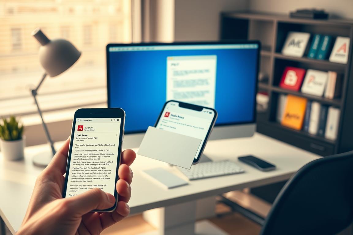 A modern, sleek office setting with a desk, computer, and a prominent PDF reader application window on the screen. In the foreground, a hand holding a mobile device with an email open, showcasing the issue of Adobe Reader not opening attachments. In the background, a bookshelf with various PDF reader software icons, suggesting alternative options. The lighting is warm and natural, creating a productive and focused atmosphere. The composition emphasizes the contrast between the problematic situation and the available solutions, guiding the viewer towards the section's subject of using alternative PDF readers.