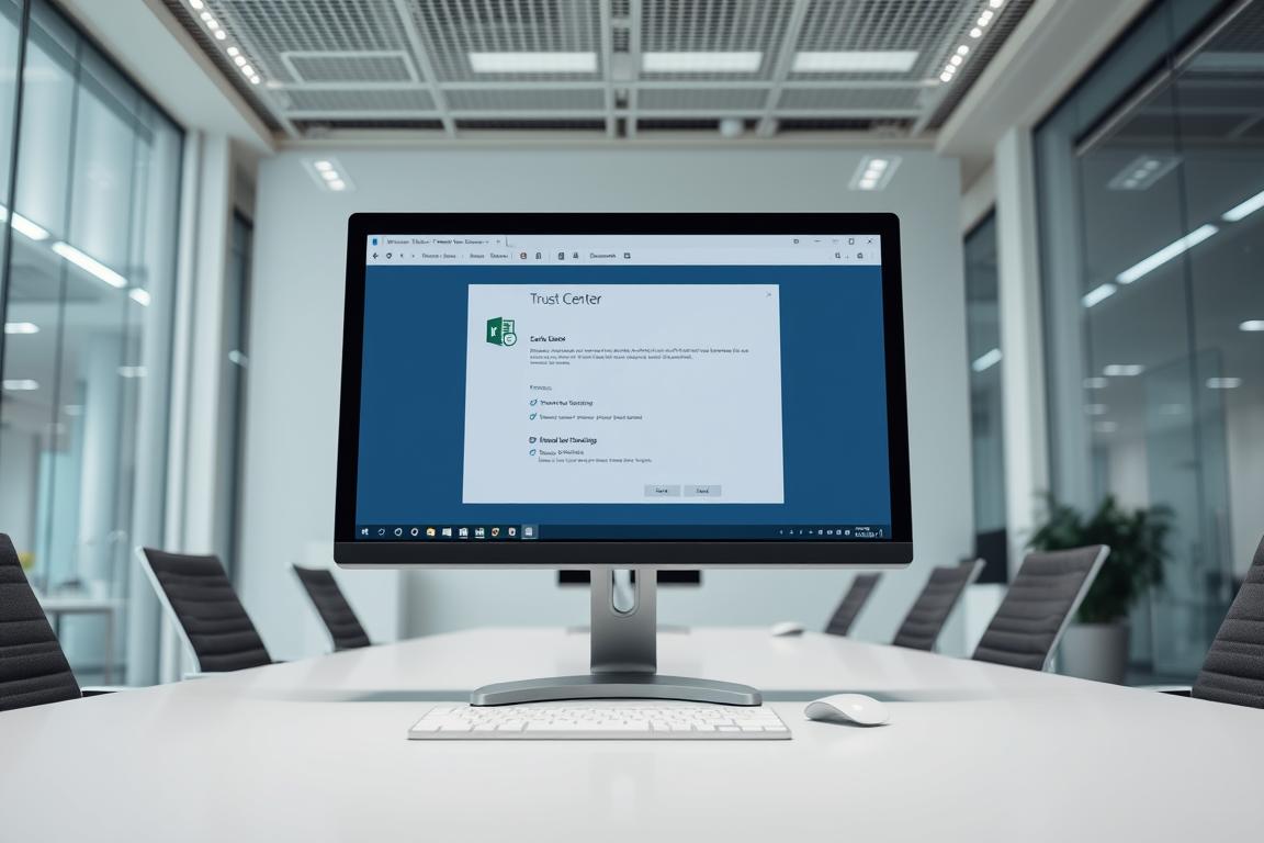 A modern, well-lit office interior with a large, prominently placed computer monitor displaying the "Trust Center" window in Microsoft Excel. The window is the main focus, surrounded by a clean, minimalist workspace with sleek, metallic furniture and a neutral color palette. The lighting is bright and evenly distributed, creating a professional and productive atmosphere. The camera angle is positioned slightly above the desk, providing a clear view of the screen and the surrounding environment. The image conveys a sense of efficiency, organization, and the importance of properly configuring Excel's security settings.