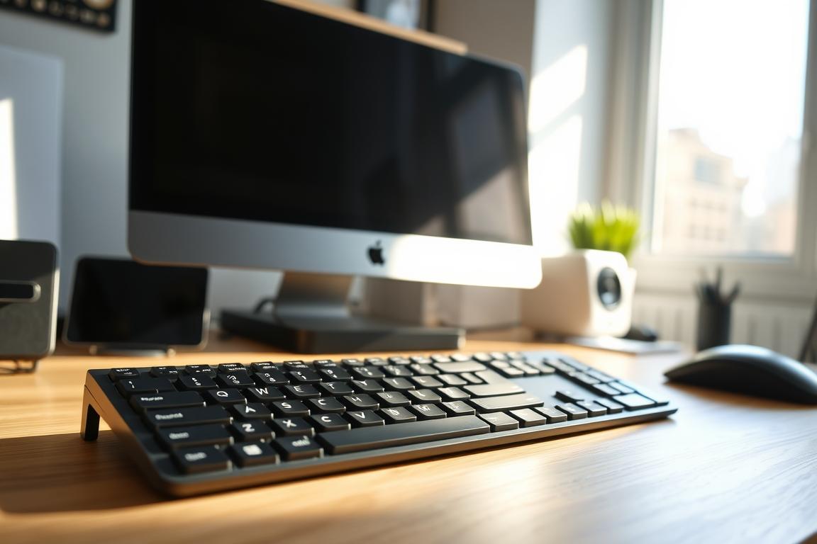 A neatly organized computer desk with a modern, high-quality keyboard in the foreground. The keyboard has a sleek, minimalist design with clean lines and a matte black finish. Sunlight streams in through a window, casting a soft, warm glow on the scene. The background is slightly blurred, allowing the keyboard to be the focal point. The mood is one of focus and productivity, with a sense of calm and attention to detail. The image conveys the idea of meticulously examining and adjusting the keyboard settings to troubleshoot a technical issue.