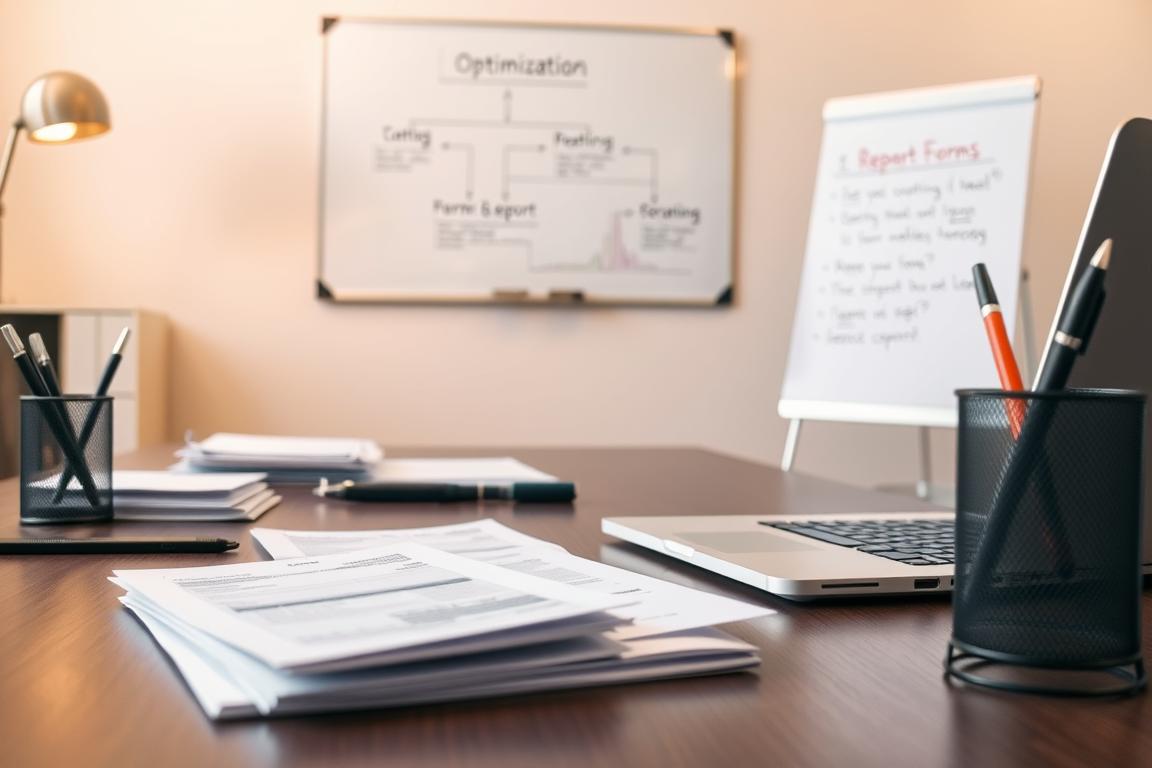 A neatly organized office desk with a laptop, papers, and a pen holder. In the background, a whiteboard displays a flow diagram and optimization metrics. Soft, warm lighting illuminates the scene, creating a focused, productive atmosphere. The image conveys a sense of streamlining and refining forms and reports for improved performance and efficiency.