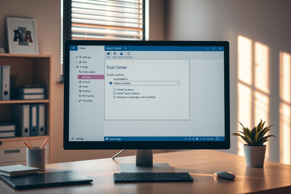 A neatly organized office workspace with an open Microsoft Access application window on a computer monitor. The window displays the "Trust Center" settings dialog, highlighting the "Trusted Locations" section. Warm, natural lighting illuminates the scene, casting soft shadows. The surrounding environment is clean, minimalist, and professional, with a sense of focus and attention to detail. The overall mood is one of calmness, control, and a methodical approach to managing data security and access permissions within the Access database.