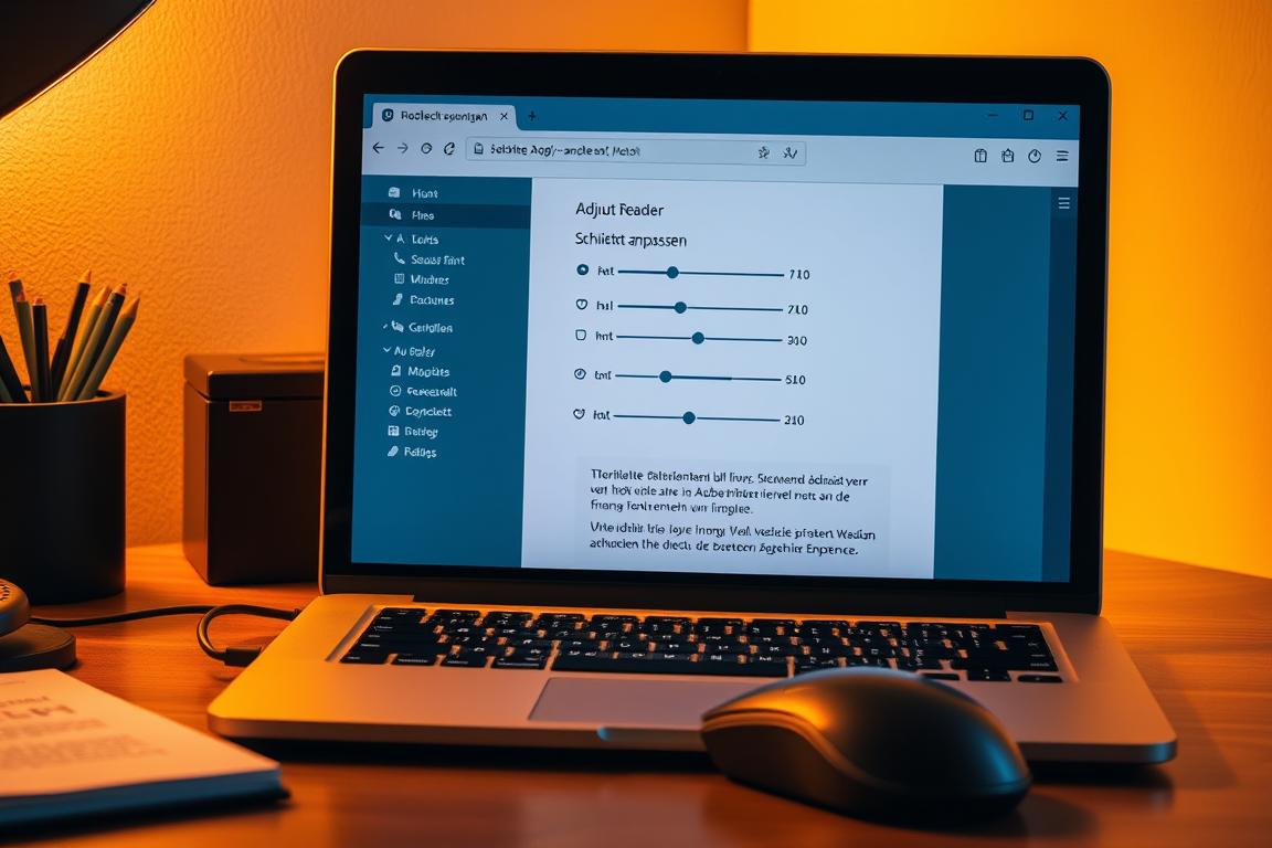 A neatly organized workspace with a laptop, mouse, and an open Adobe Reader window on the screen. The screen displays the "Schriftart anpassen" (Adjust Font) menu, with sliders and options for customizing font size, style, and color. Warm, directional lighting casts a soft glow, creating a cozy, focused atmosphere. The composition emphasizes the screen and the font adjustment controls, hinting at the ability to fine-tune the reading experience. The overall scene conveys a sense of productivity and attention to detail, reflecting the "Zusätzliche Einstellungen für ein besseres Leseerlebnis" (Additional Settings for a Better Reading Experience) section. A neatly organized workspace with a laptop, mouse, and an open Adobe Reader window on the screen. The screen displays the "Schriftart anpassen" (Adjust Font) menu, with sliders and options for customizing font size, style, and color. Warm, directional lighting casts a soft glow, creating a cozy, focused atmosphere. The composition emphasizes the screen and the font adjustment controls, hinting at the ability to fine-tune the reading experience. The overall scene conveys a sense of productivity and attention to detail, reflecting the "Zusätzliche Einstellungen für ein besseres Leseerlebnis" (Additional Settings for a Better Reading Experience) section.