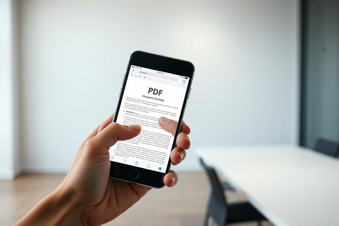 A person's hand holding a modern smartphone displaying an open PDF document on the screen. The document appears to be a form or application that the user is interacting with, tapping and swiping the touchscreen interface to navigate and edit the contents. The smartphone is positioned in the foreground, with a blurred, minimalist background hinting at a modern, professional office setting. Soft, diffused lighting illuminates the scene, creating a clean, focused atmosphere. The composition emphasizes the intuitive, on-the-go nature of PDF editing on a mobile device.