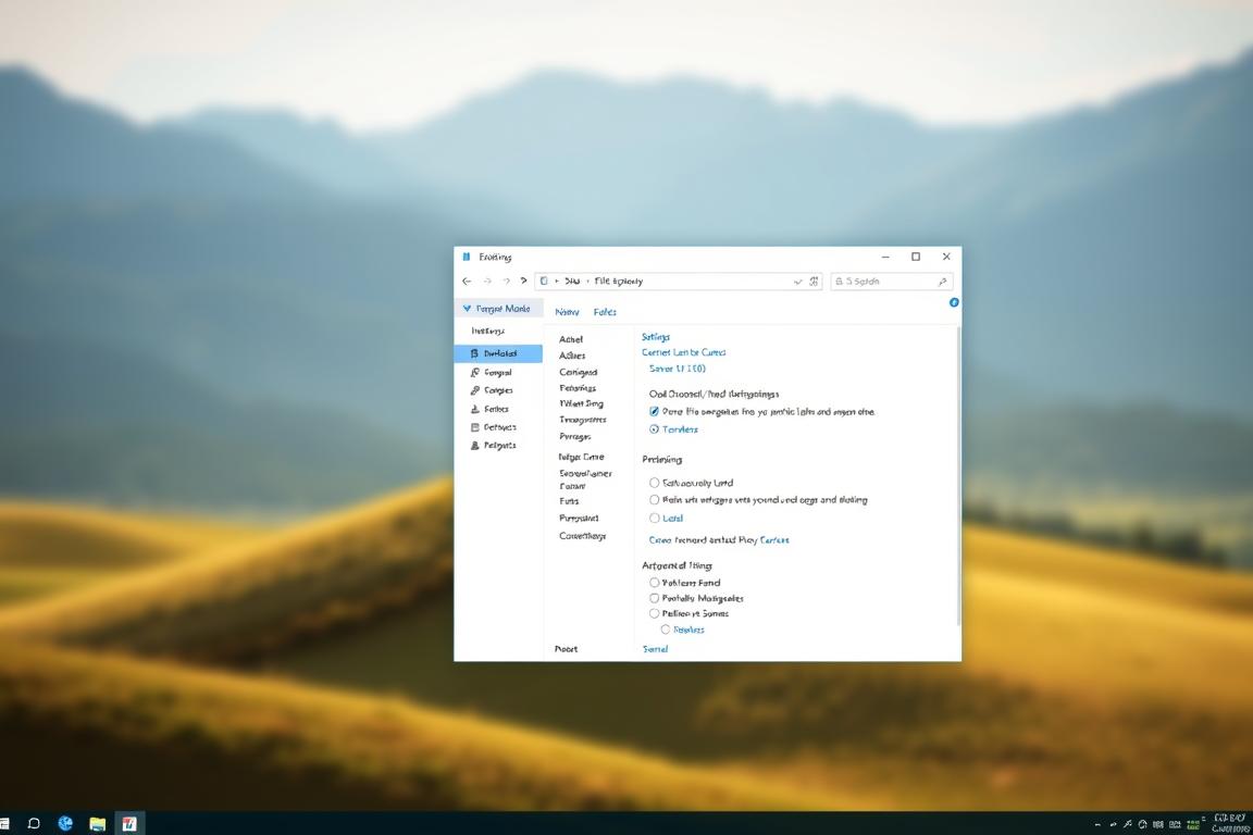 A pristine Windows 11 desktop with a neatly organized File Explorer window in the foreground. The window showcases a clean, intuitive interface with customized settings, highlighting various configuration options. Soft, natural lighting illuminates the scene, creating a calming and productive atmosphere. The middle ground features a subtle backdrop of blurred windows applications, emphasizing the focus on the File Explorer settings. In the background, a subtle gradient or blurred landscape sets the stage, conveying a sense of digital organization and efficiency.
