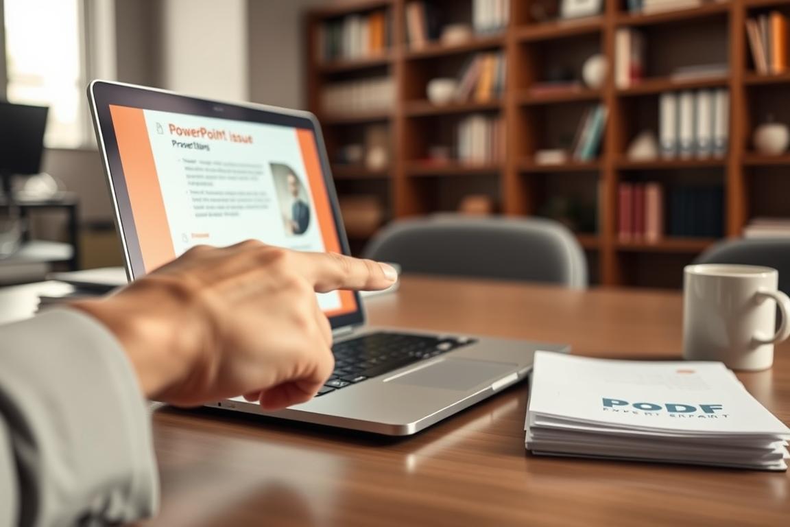 A professional office setting with a laptop computer displaying a PowerPoint presentation on the screen. The laptop is positioned on a clean, organized desk, with a stack of papers and a coffee mug nearby. The lighting is soft and natural, creating a warm, productive atmosphere. In the foreground, a hand is pointing to the laptop screen, gesturing towards the PDF export issue being addressed. The background is blurred, but suggests a corporate office environment, with bookshelves, a window, and other subtle details that reinforce the professional context. The overall mood is one of problem-solving and attention to detail, with a focus on resolving the PDF export problem.