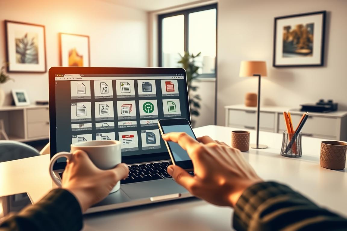 A professional, well-organized office workspace with a laptop, smartphone, and various PDF-related tools and applications displayed on the screen. The scene is lit by warm, natural lighting from a large window, casting a cozy, productive atmosphere. In the foreground, a hand hovers over the laptop, navigating through online PDF management tools. The middle ground features a clean, minimalist desk with a mug of coffee, a stylish desk organizer, and a pen cup. The background showcases a modern, neutral-toned interior with framed artwork on the walls, creating a sophisticated, contemporary ambiance.
