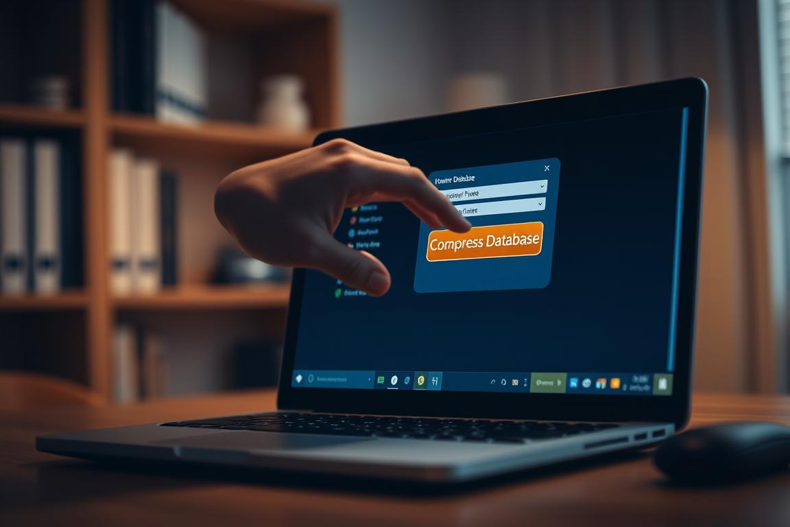 A serene, dimly lit office interior with a laptop on a desk, the screen displaying a database management software interface. The user's hand hovers over a "Compress Database" button, conveying a sense of focus and purposeful action. Soft, warm lighting creates a calming atmosphere, highlighting the importance of the task at hand. The background features a subtly blurred bookshelf, suggesting a professional, organized environment. The composition emphasizes the centrality of the database compression process, inviting the viewer to engage with the task's significance.