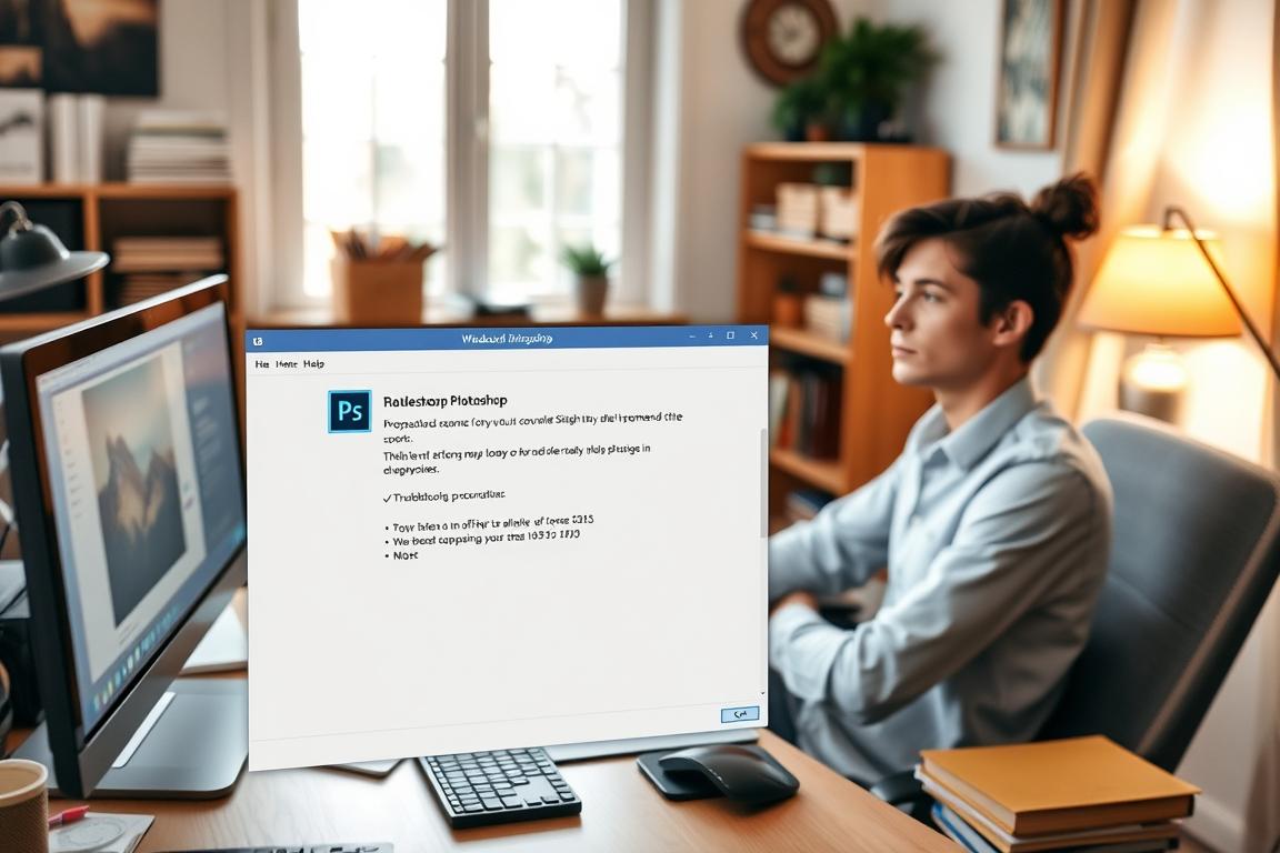 A serene, well-lit home office with a desk, computer, and various office supplies. In the foreground, an open Photoshop window displays diagnostic information and troubleshooting steps. The middle ground features a thoughtful person in a casual, professional attire, carefully examining the screen. The background showcases a warm, cozy atmosphere with natural lighting filtering through a window, hinting at a productive and focused work environment. The overall scene conveys a sense of resolving technical issues with Photoshop in a calm, methodical manner.