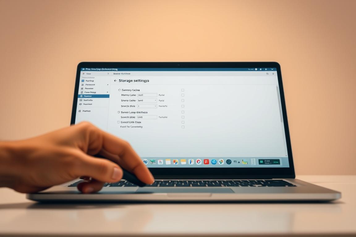A serene, well-organized Photoshop workspace with an open laptop displaying storage optimization settings. In the foreground, a hand hovers over a mouse, ready to adjust memory cache and scratch disk options. The middle ground features neatly arranged digital folders and icons, symbolizing efficient file management. In the background, a soft, muted gradient sets a calming tone, inviting the user to focus on streamlining their creative workflow. Balanced lighting casts a warm glow, conveying a sense of productivity and control. The overall scene radiates a professional, minimalist aesthetic that encapsulates the essence of optimizing Photoshop's storage settings for a faster, more responsive experience.
