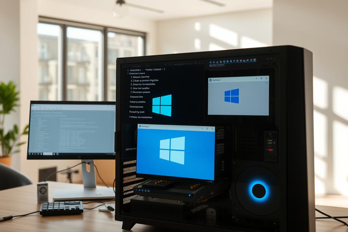 A serene workspace with a modern desktop computer displaying the Windows 11 logo, surrounded by various troubleshooting tools and icons. The foreground features a partially disassembled PC case, revealing its inner components. The middle ground showcases a digital troubleshooting checklist and diagnostic software windows. In the background, a clean, minimalist office setting with natural lighting streaming through large windows, creating a calming atmosphere. The overall scene conveys a sense of methodical problem-solving and a systematic approach to resolving software installation issues on the Windows 11 operating system.