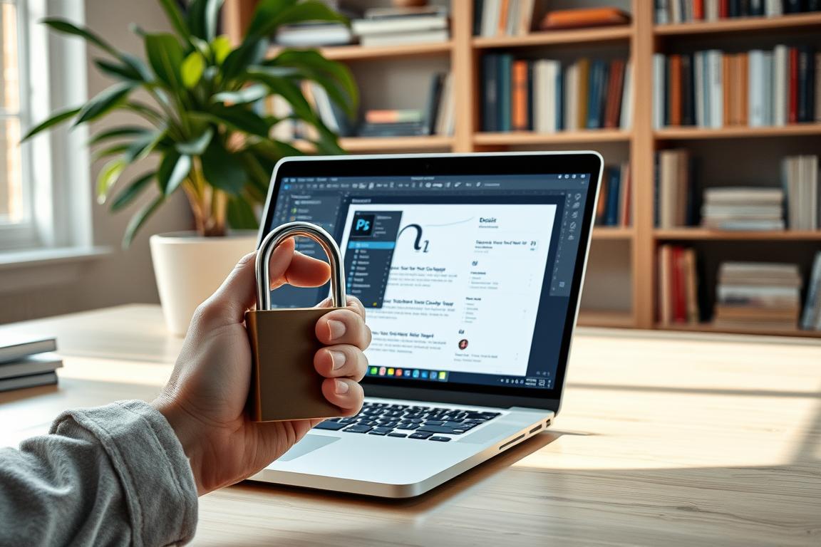 A serene workspace with an open laptop displaying a Photoshop document, its layers and menus visible. Nearby, a hand carefully secures the laptop with a sturdy lock, symbolizing the protection of the valuable PSD file. The scene is illuminated by soft, natural lighting, conveying a sense of diligence and security. In the background, a bookshelf filled with design resources and a potted plant add depth and a professional ambiance. The overall atmosphere exudes a thoughtful, organized approach to safeguarding one's creative work.