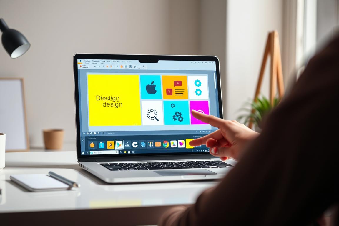 A sleek and modern PowerPoint slide with a bright, vivid design. In the foreground, a laptop screen displays a series of creative design elements, such as shapes, icons, and color palettes. The middle ground showcases a hand interacting with the laptop, gesturing towards the design options. The background features a minimalist workspace setting, with clean lines, neutral tones, and a sense of focus and productivity. The overall mood is one of inspiration, exploration, and the activation of new design possibilities. Soft, directional lighting illuminates the scene, enhancing the sense of energy and innovation.
