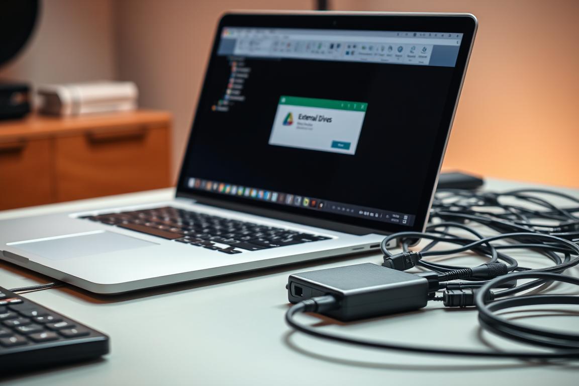 A sleek and modern desktop setup with a silver-gray laptop, a large external hard drive, and an array of cables meticulously arranged. The laptop's screen displays a dialog box from Microsoft Excel, highlighting the "External Drives" error message. The lighting is soft and diffused, creating a warm, professional atmosphere. The background is blurred, drawing the viewer's attention to the central elements. The overall composition conveys a sense of problem-solving and troubleshooting, hinting at the technical nature of the issue at hand.