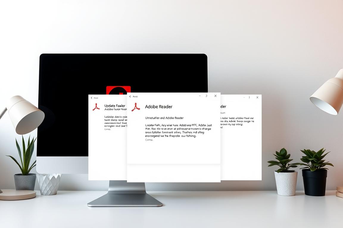 A sleek, minimalist workspace with a desktop computer in the foreground, its screen displaying the Adobe Reader logo. The computer is surrounded by a clean, white desk, with a modern lamp and a potted plant adding subtle accents. In the middle ground, a series of windows showcases the step-by-step process of uninstalling and reinstalling Adobe Reader, with clear, concise instructions. The background features a soft, gradient-based wall, creating a sense of depth and focus on the central task at hand. The lighting is natural and diffused, casting a warm, productive glow over the scene. The overall composition conveys a sense of efficiency, organization, and a straightforward approach to resolving the "Update-Fehler bei Adobe Reader beheben" issue.
