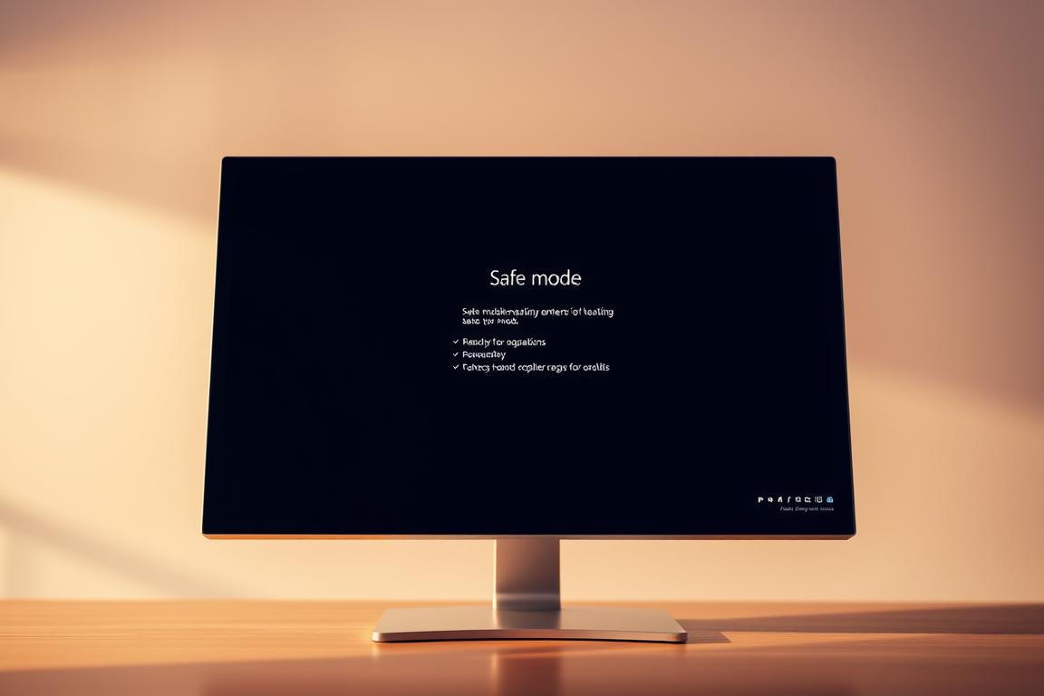 A sleek, modern desktop computer screen displaying the Windows 11 Safe Mode interface, with a simple, minimalist design and muted color palette. The screen showcases the Safe Mode options, including troubleshooting tools and recovery options, against a soft, blurred background that suggests a serene, professional environment. The lighting is warm and diffused, creating a calming and focused atmosphere. The camera angle is slightly elevated, giving a sense of authority and control over the system.