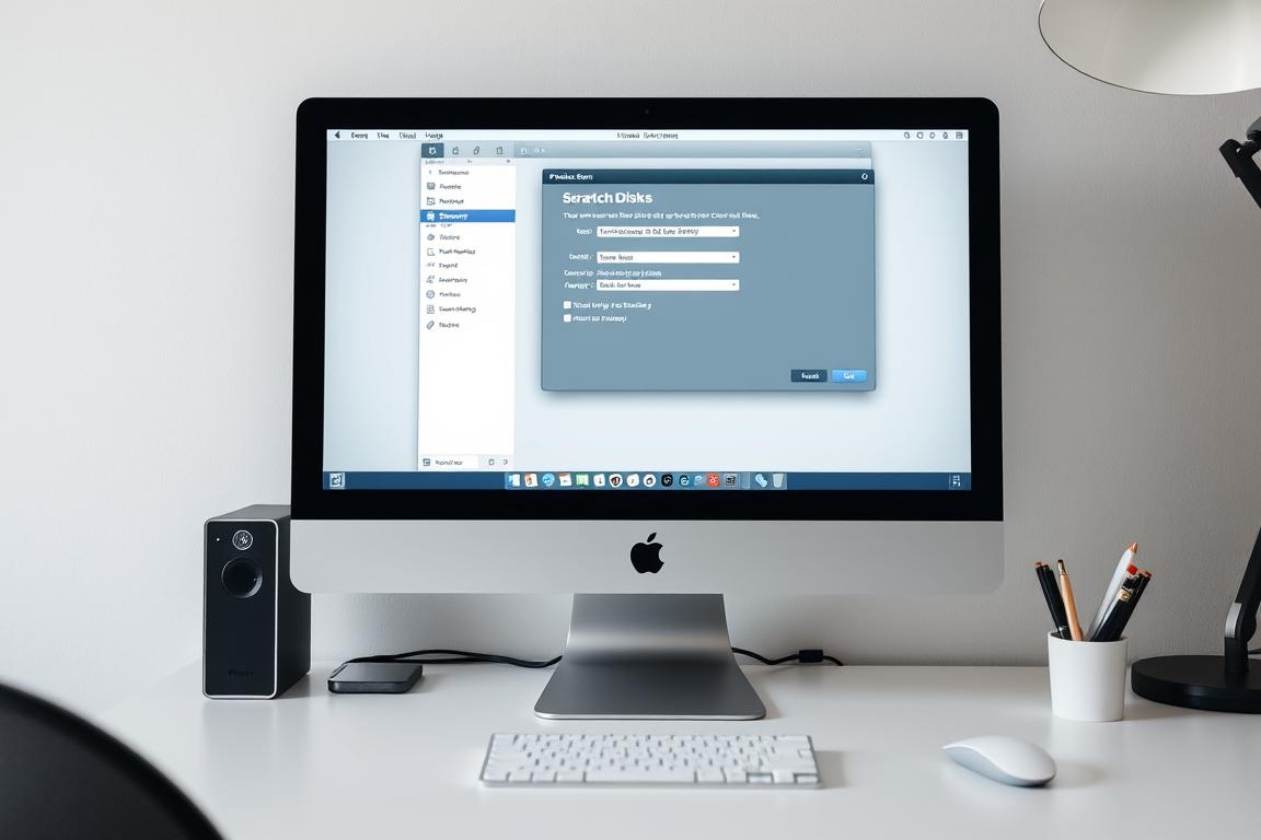 A sleek, modern desktop computer with a clean, minimalist design. The screen displays a Photoshop window, the main focus of the image. The Photoshop interface shows the "Scratch Disks" settings, with a clear and intuitive user interface. The screen is well-lit, with a soft, even lighting that creates a professional, productive atmosphere. The computer is placed on a simple, uncluttered desk, with just a few essential office supplies nearby. The overall scene conveys a sense of efficiency and organization, reflecting the optimization of the Photoshop scratch disk space.