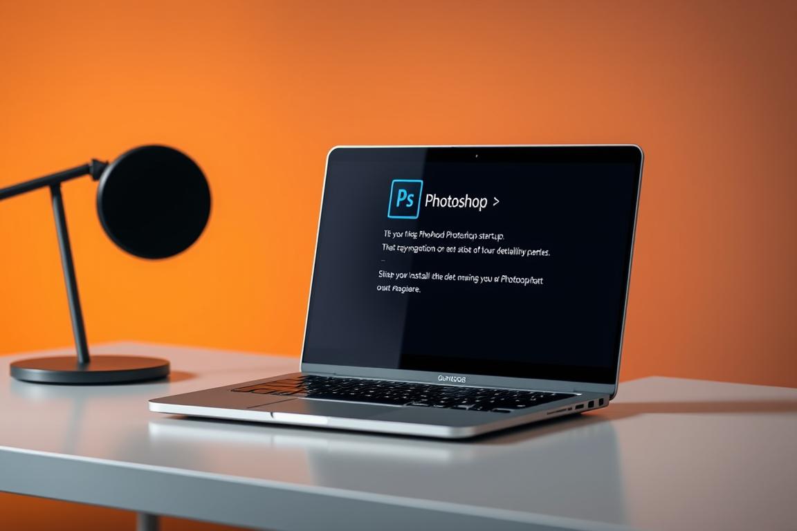 A sleek, modern laptop sitting on a minimalist desk, its screen displaying the Photoshop installation interface. The desk is bathed in warm, indirect lighting, creating a focused and productive atmosphere. The laptop's screen shows the classic Photoshop logo and a step-by-step installation process, guiding the user through the reinstallation of the software. The background is a clean, uncluttered workspace, hinting at the user's intent to resolve a Photoshop startup issue and return to their creative flow.