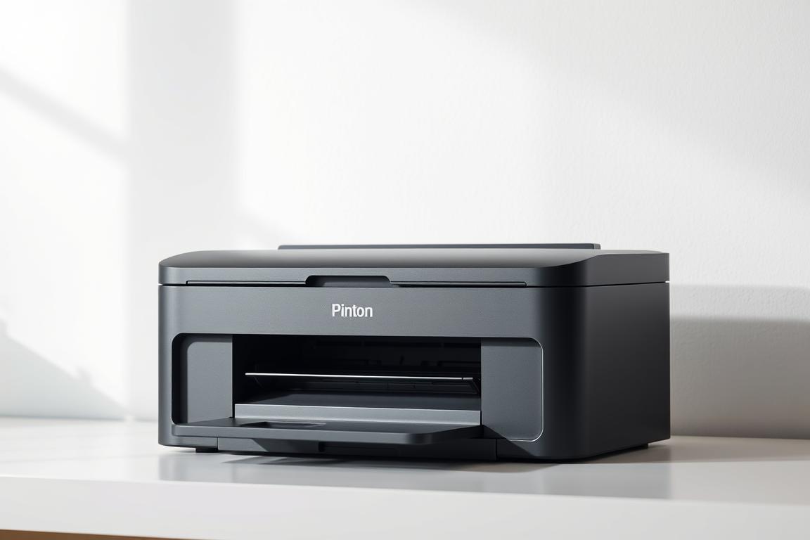 A sleek, modern office printer set against a crisp, minimalist backdrop. The printer sits on a clean, uncluttered desk, its sharp edges and matte black finish conveying a sense of precision and efficiency. Soft, directional lighting casts subtle shadows, highlighting the printer's form and emphasizing its role as the focal point of the scene. The environment is sparse, with a plain white wall in the background, allowing the printer to command attention. The overall mood is one of professionalism and technological sophistication, setting the stage for the successful printing of intricate graphics and images.