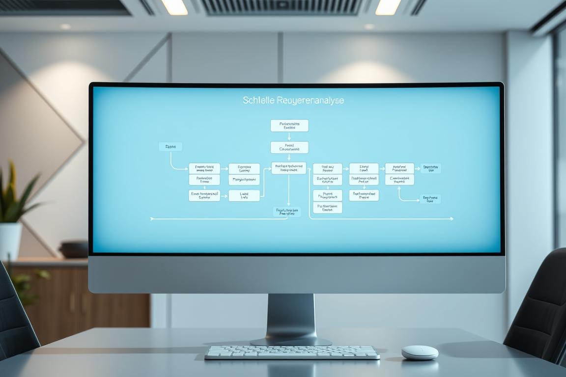 A sleek, modern office setting with a computer monitor displaying a comprehensive flowchart. The flowchart depicts a step-by-step process for quickly analyzing the root causes of a problem, with detailed nodes and connections in a cool, muted color palette. The background features a minimalist, geometric pattern that subtly conveys a sense of order and efficiency. The lighting is soft and directional, casting gentle shadows and highlighting the clarity of the visual information. The overall composition is balanced and symmetrical, emphasizing the methodical and organized nature of the "Schnelle Ursachenanalyse" process.