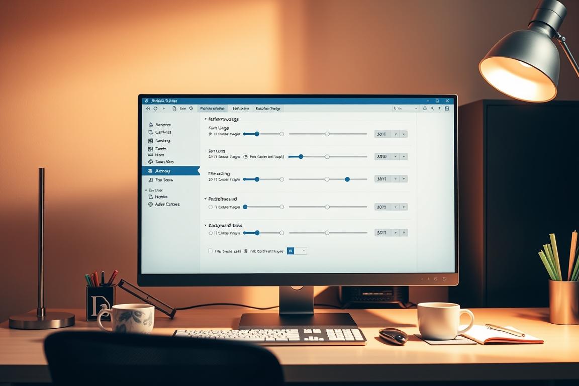 A sleek, modern office setting with a desktop computer displaying the Adobe Acrobat Reader interface. The screen shows various performance optimization settings, with sliders and toggles for adjusting memory usage, file caching, and background tasks. The desk is neatly organized, with a stylish lamp, a cup of coffee, and a notepad nearby, creating a productive and efficient atmosphere. Warm, directional lighting illuminates the scene, casting subtle shadows and highlighting the details of the hardware and software. The overall composition conveys a sense of streamlined productivity and the ability to fine-tune the reader's performance for optimal use.
