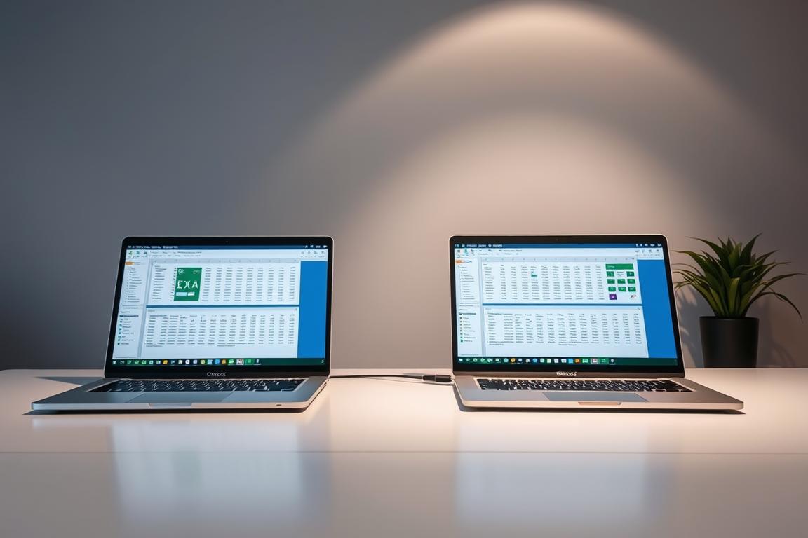 A sleek, modern office workspace featuring two open laptop screens displaying a side-by-side comparison of different versions of Microsoft Excel. The laptop screens are positioned on a minimalist, white desk, with a clean, uncluttered background. Soft, directional lighting illuminates the scene, casting subtle shadows and highlights on the devices. The overall mood is one of efficiency and productivity, reflecting the theme of optimizing Excel performance. The focus is on the technical details of the software versions, inviting the viewer to examine the nuances between them.
