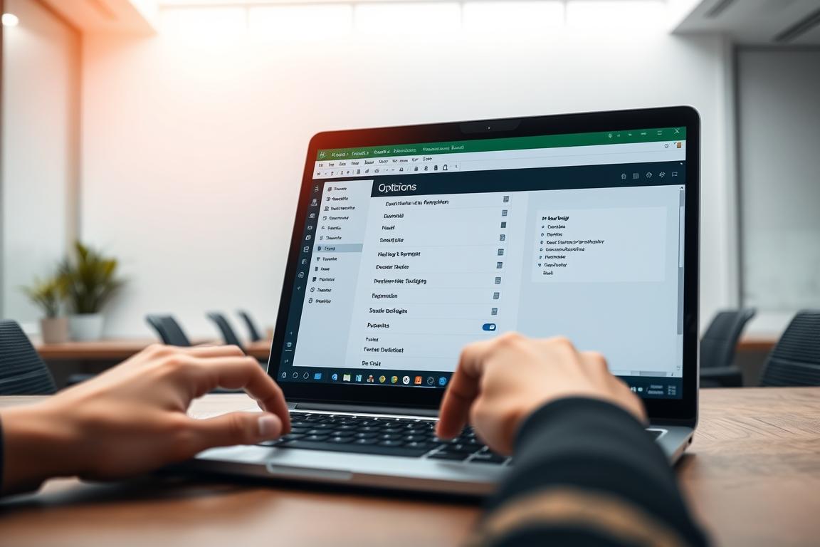A sleek, modern office workspace with a laptop screen displaying the Excel spreadsheet options menu. The foreground features the laptop in a three-quarter view, with the user's hands hovering over the keyboard, conveying a sense of focused attention. The middle ground showcases the spreadsheet options in crisp detail, highlighting the various settings and configurations available. The background is a minimalist, well-lit environment, with clean lines and subtle textures, creating a professional and polished atmosphere. The lighting is soft and diffused, creating a warm, productive ambiance. The overall composition and style of the image should clearly communicate the subject of "Excel-Formel wird nicht berechnet: Einstellungen prüfen".