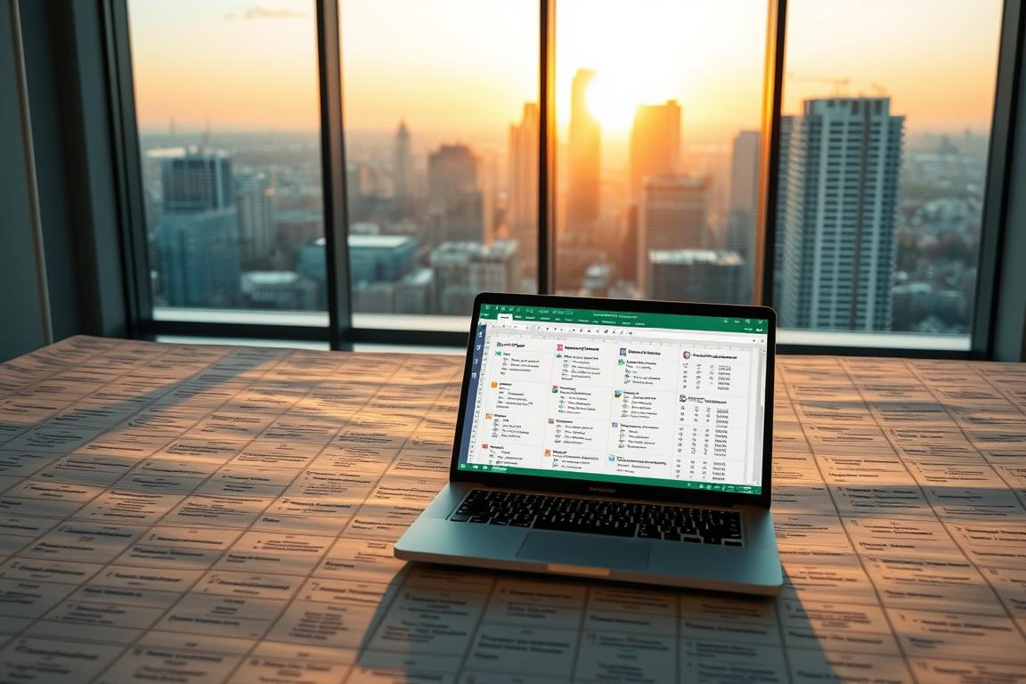 A sprawling spreadsheet interface dominates the foreground, its cells brimming with complex formulas and intricate data visualizations. The background depicts a serene office environment, with a large window overlooking a city skyline, bathed in the warm glow of a setting sun. The lighting is soft and diffused, creating a sense of focus and concentration. In the middle ground, a laptop sits open, its screen displaying advanced Excel commands and functions, hinting at the powerful solutions at the user's fingertips. The overall mood is one of productive problem-solving, with a touch of quiet contemplation. A sprawling spreadsheet interface dominates the foreground, its cells brimming with complex formulas and intricate data visualizations. The background depicts a serene office environment, with a large window overlooking a city skyline, bathed in the warm glow of a setting sun. The lighting is soft and diffused, creating a sense of focus and concentration. In the middle ground, a laptop sits open, its screen displaying advanced Excel commands and functions, hinting at the powerful solutions at the user's fingertips. The overall mood is one of productive problem-solving, with a touch of quiet contemplation.