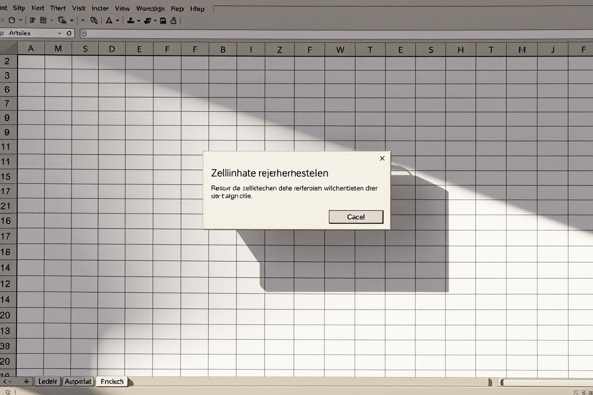 A spreadsheet window displaying a grid of cells, with a dialogue box overlaying the center, showcasing the "Zellinhalte wiederherstellen" (Restore Cell Contents) function. The spreadsheet has a slightly worn, vintage aesthetic, reflecting the article's focus on recovering lost data. The lighting is soft and natural, creating a calming, professional atmosphere. The camera angle is slightly elevated, providing an overview of the scene. The dialogue box features clear, easy-to-understand instructions, guiding the user through the recovery process. The overall composition conveys a sense of helpfulness and problem-solving, aligning with the article's goal of providing a step-by-step guide.