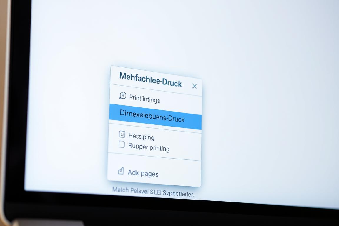 A well-lit, close-up photograph of the menu bar on a MacBook Pro, showcasing the "Mehrfachseiten-Druck" settings. The menu is open, revealing the various options for duplex printing, with a clean, minimalistic interface. The screen is slightly tilted to provide a clear, unobstructed view of the on-screen controls. The background is blurred, creating a soft, professional atmosphere, drawing the viewer's attention to the technical details of the print settings. The overall scene conveys a sense of precision and attention to detail, perfectly suited for an article on troubleshooting multi-page printing on a Mac.
