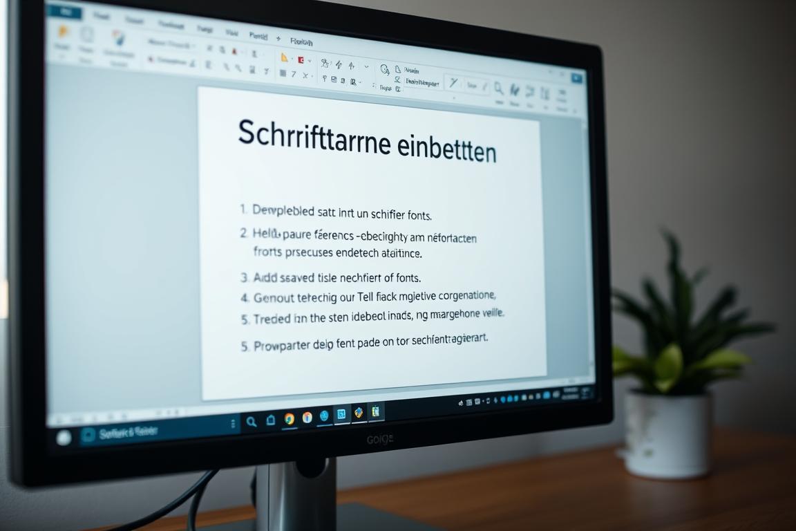 A well-lit, close-up shot of a computer screen displaying a PowerPoint presentation. The presentation features a slide with a heading "Schriftarten einbetten" and a detailed, step-by-step guide on how to properly embed fonts into the presentation. The background is slightly out of focus, emphasizing the screen and its content. The lighting is soft and natural, creating a calm, professional atmosphere. The camera angle is slightly elevated, giving the viewer a sense of authority and expertise. The overall composition is clean, uncluttered, and tailored to clearly illustrate the subject matter.