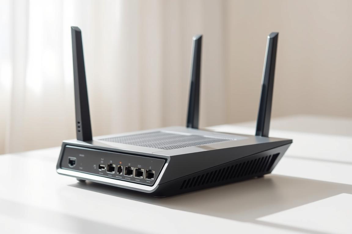 A well-lit, close-up shot of a modern wireless router on a clean, minimalist desk. The router's sleek, angular design is prominently featured, with its various ports, buttons, and status lights clearly visible. The scene has a calm, instructional feel, with the router positioned against a softly blurred background, drawing the viewer's attention to the device. Subtle shadows and highlights accentuate the router's form, showcasing its technical nature. The lighting is bright but not harsh, creating a professional, informative atmosphere suitable for a "Router Restart Guide" illustration.