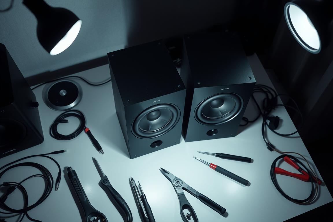 A well-lit, close-up shot of a pair of sleek, modern loudspeakers being carefully inspected and tested. The speakers are placed on a clean, minimalist desk or workbench, with a variety of tools and cables arranged neatly around them. The lighting is soft and diffused, creating a calm, focused atmosphere. The camera angle is slightly elevated, providing a birds-eye view of the scene, emphasizing the precision and attention to detail required for this task. The overall mood is one of methodical problem-solving, with a sense of purpose and determination to ensure the audio equipment is functioning properly.