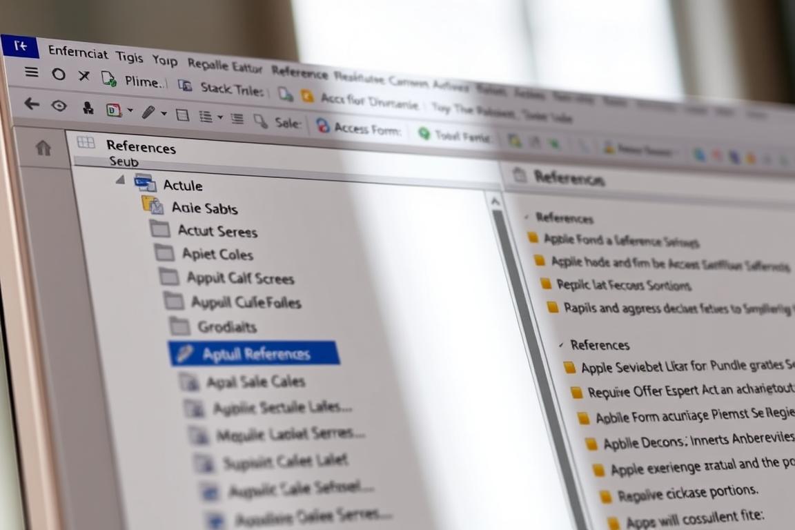 A well-lit, close-up view of the Visual Basic Editor's Reference tab, showcasing the various references and dependencies required for an Access form to function properly. The interface displays a clean, organized layout with clearly labeled sections and icons. The background is slightly blurred, drawing the viewer's attention to the central focus of the reference management screen. The lighting is natural and diffused, creating a professional, technical atmosphere. The angle is slightly elevated, providing a detailed, comprehensive perspective of the editor's features. The overall mood is one of problem-solving and troubleshooting, reflecting the article's intent to help users address Access form loading issues.