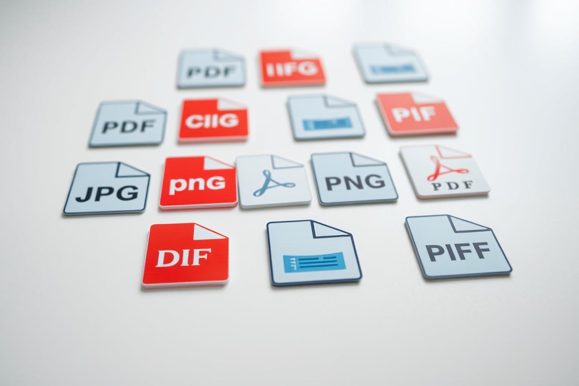A well-lit closeup of various computer file formats, including popular image and document file types such as JPG, PNG, GIF, PDF, and TIFF, laid out neatly on a clean, minimalist tabletop. The files are arranged in a grid pattern, with a sense of order and precision. The lighting is soft and diffuse, creating a crisp, high-quality look that highlights the sharp edges and fine details of the file icons. The overall atmosphere is professional, technical, and focused on the subject matter, conveying the importance of file format selection for producing clear, high-quality text.