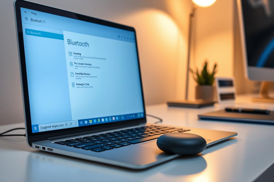 A well-lit computer desk with a laptop running Windows 11 and a Bluetooth device nearby. The laptop's Bluetooth settings menu is open, with options to pair or connect new devices. The desk is clean and organized, with a modern, minimalist aesthetic. The lighting is soft and diffused, creating a warm and inviting atmosphere. The focus is on the laptop screen and Bluetooth device, with the background slightly blurred to emphasize the main subject.