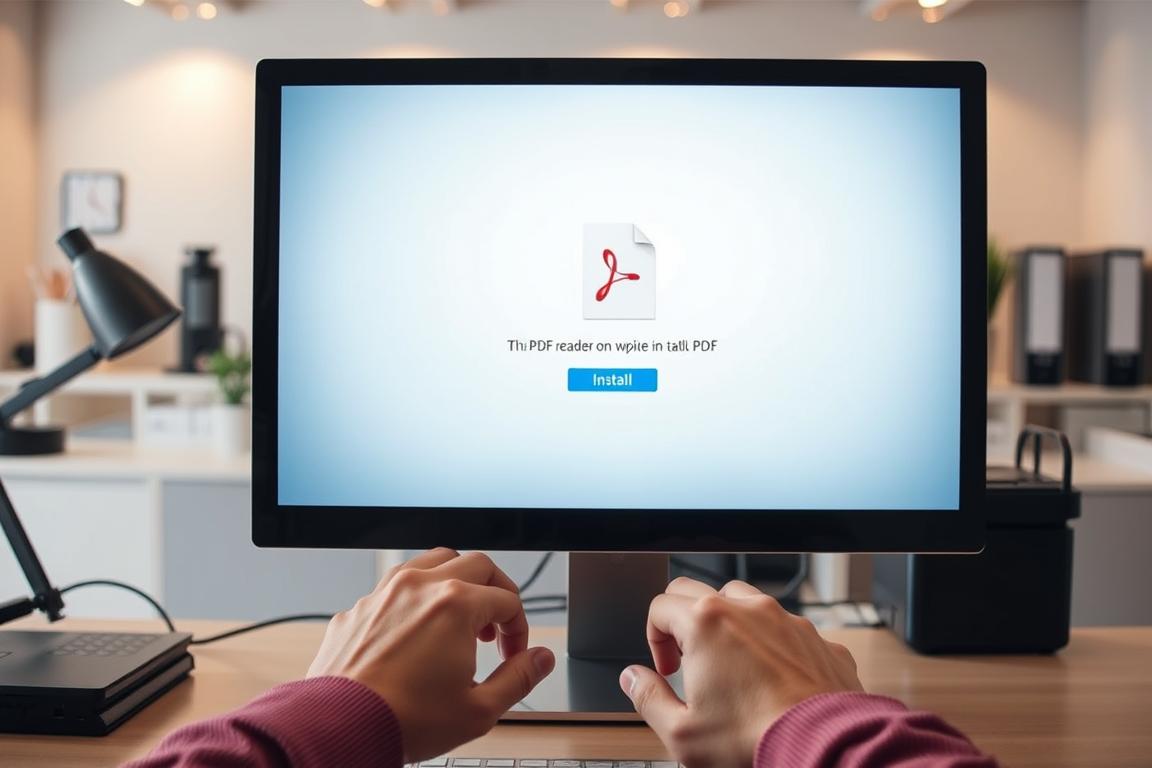 A well-lit desktop setup with a sleek, modern computer monitor displaying the PDF reader installation process. In the foreground, a pair of hands carefully navigating the software's user interface, with a focus on the "Install" or "Update" button. The middle ground showcases the PDF reader's logo or icon, glowing with a subtle radiance. In the background, a clean, minimalist office environment with subtle hints of organization and productivity. The overall mood is one of calm efficiency, guiding the viewer through the necessary steps to resolve printing issues with PDF files.