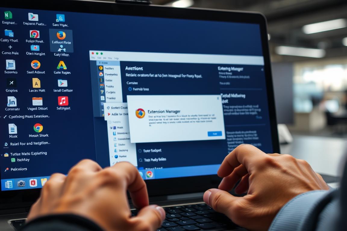 A well-lit, detailed close-up of a computer desktop, showing various software extension icons and a pop-up window labeled "Extension Manager". The foreground has a sense of organization and control, with the user's hands gently manipulating the mouse and keyboard. The middle ground features a clean, minimalist interface with clear hierarchies and navigation options. The background suggests a modern, high-tech office environment with subtle lighting and reflections. The overall mood is one of focus, problem-solving, and a desire to regain mastery over a technical issue.