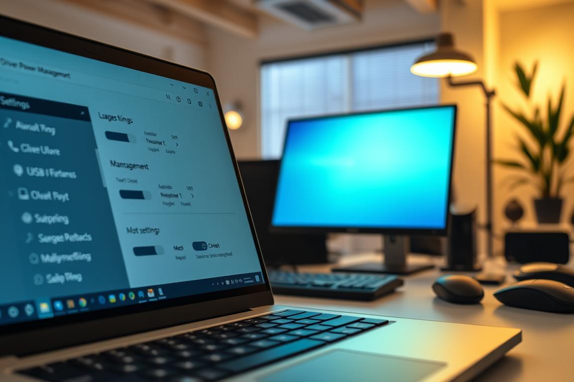A well-lit, detailed desktop scene showcasing the Windows 11 settings menu. In the foreground, a laptop screen displays the "Driver and Power Management" settings panel, with sliders and toggles for fine-tuning USB device performance. The middle ground features a keyboard, mouse, and other peripherals, subtly hinting at the troubleshooting context. The background depicts a clean, modern office environment with minimalist decor, warm lighting, and a sense of focused productivity. The overall mood is one of controlled, methodical optimization, guiding the viewer towards resolving the "USB device not recognized" issue in Windows 11.